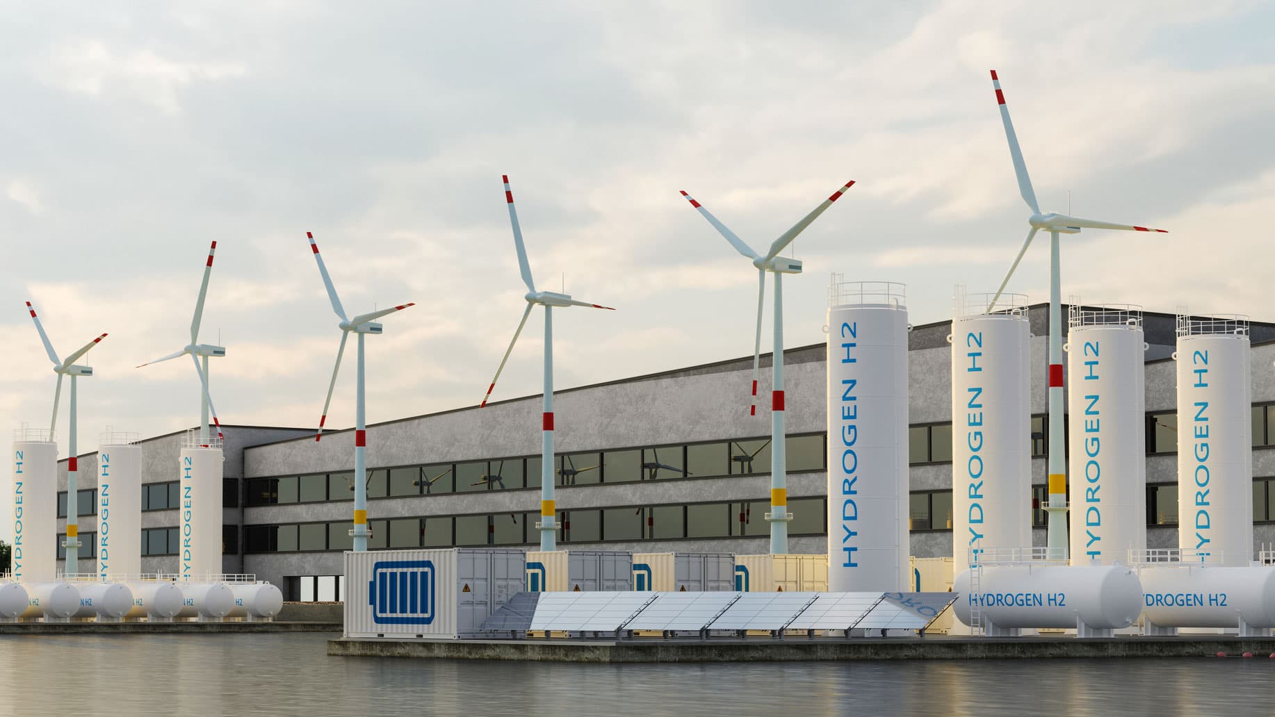 Hydrogen storage compartment, wind turbines, solar panels and li-ion battery container