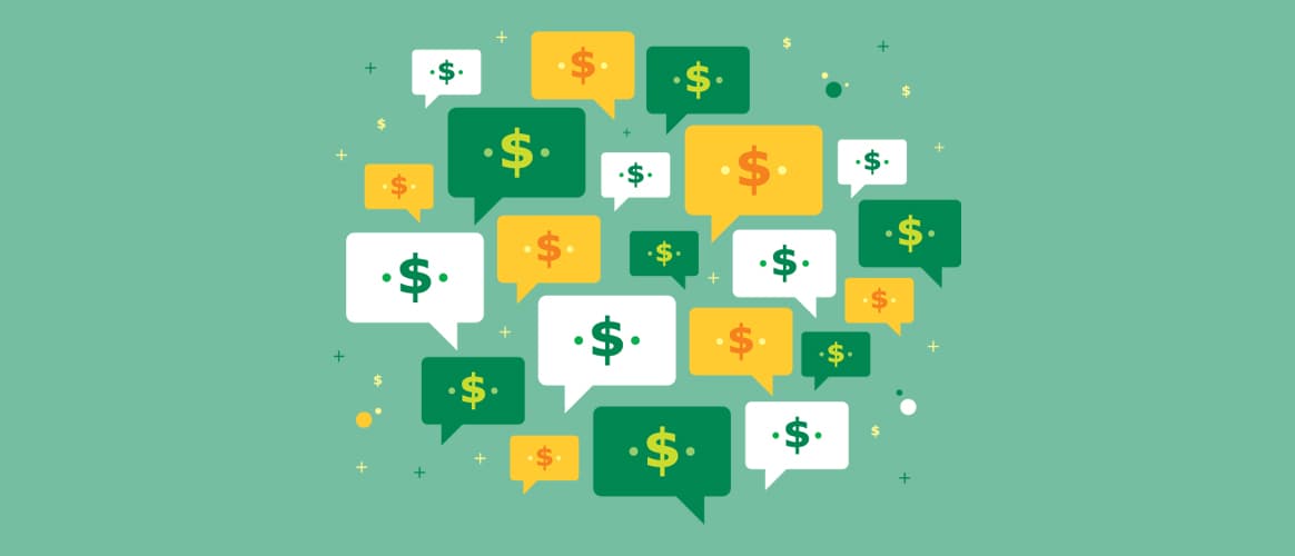 Multiple speech bubbles containing dollar signs against a green background