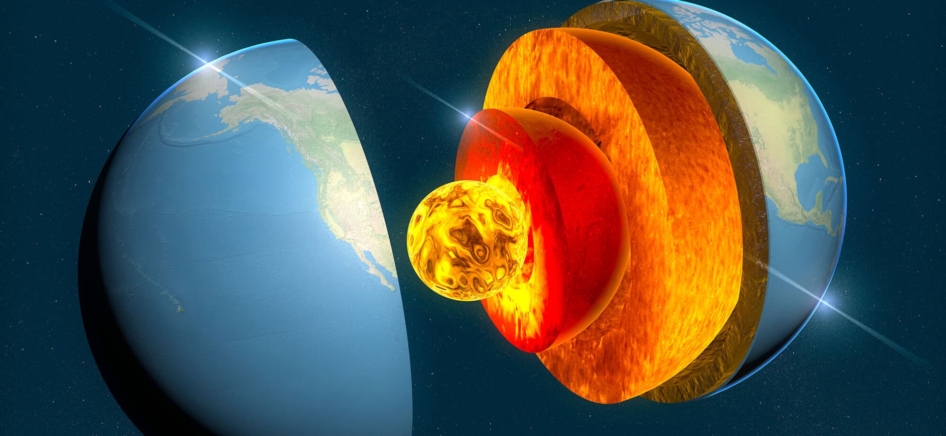 Earth structure, division into layers, the earth's crust and core. 3d rendering
