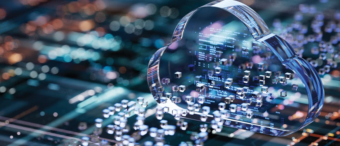 A crystal cloud surrounded by abstract representations of data centres.