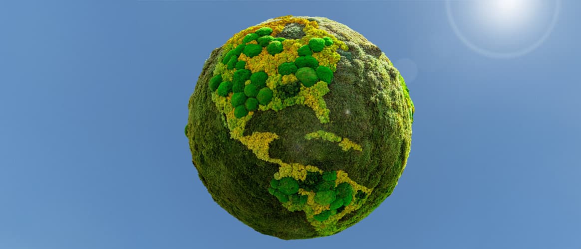 A model of the Earth if it was completely covered in vegetation, including the oceans