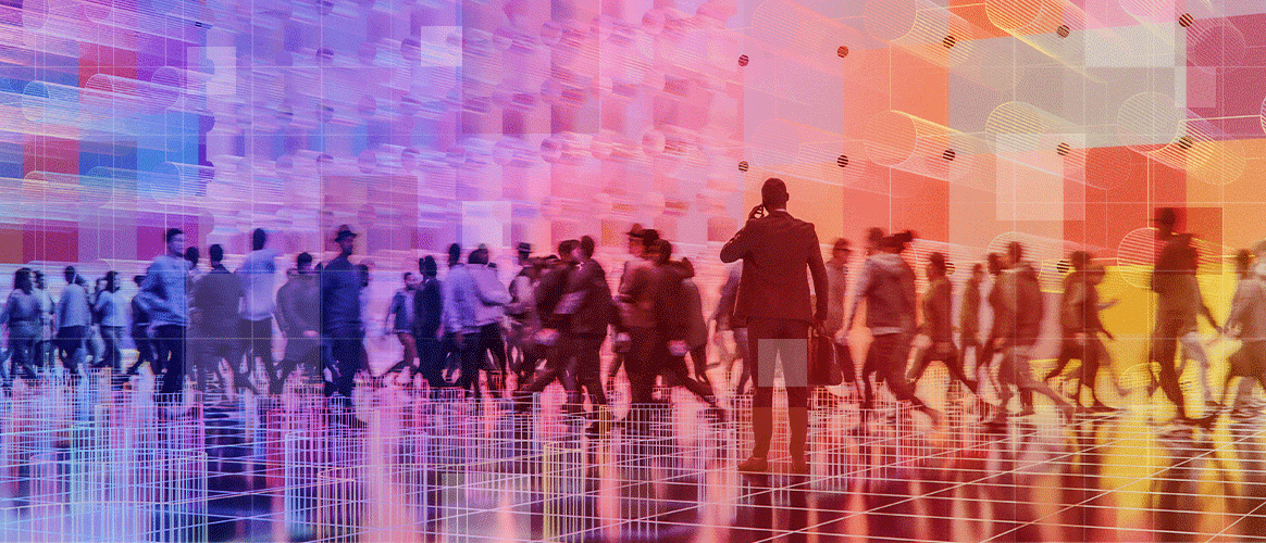 A crowd of people in a futuristic place, with one person in the foreground on the phone, for the Democratisation & Transparency theme in Private Markets 2030