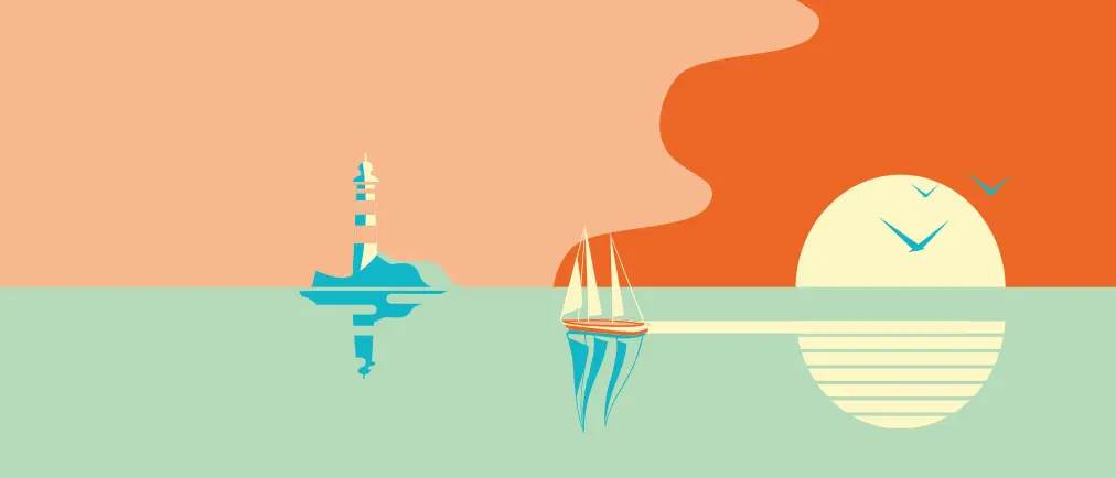 Illustration of a sail boat at sunset with a lighthouse on the horizon