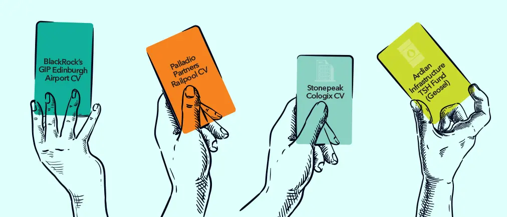 Illustrations of hands holding up trading cards featuring the names of continuation vehicles and icons of the asset type