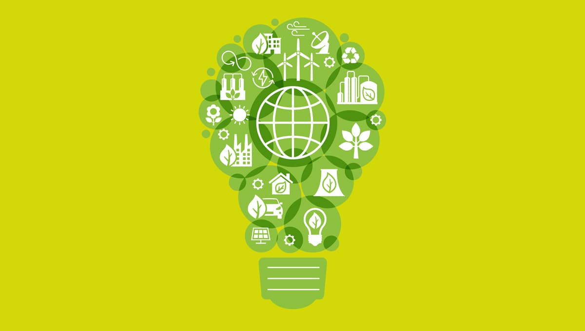Visualisation of sustainability, represented by a green light bulb constructed of green circles.