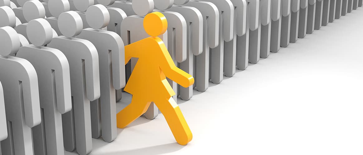 Yellow stick person steps out of a crowd of grey stick people